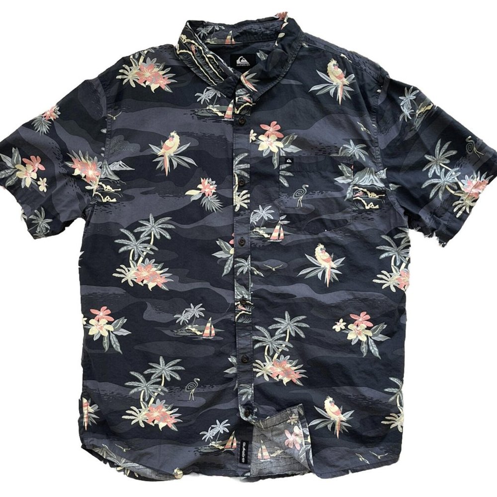 Quicksilver Shirt Adult Extra Large  Blue Tropical Button Up Short Sleeve Mens